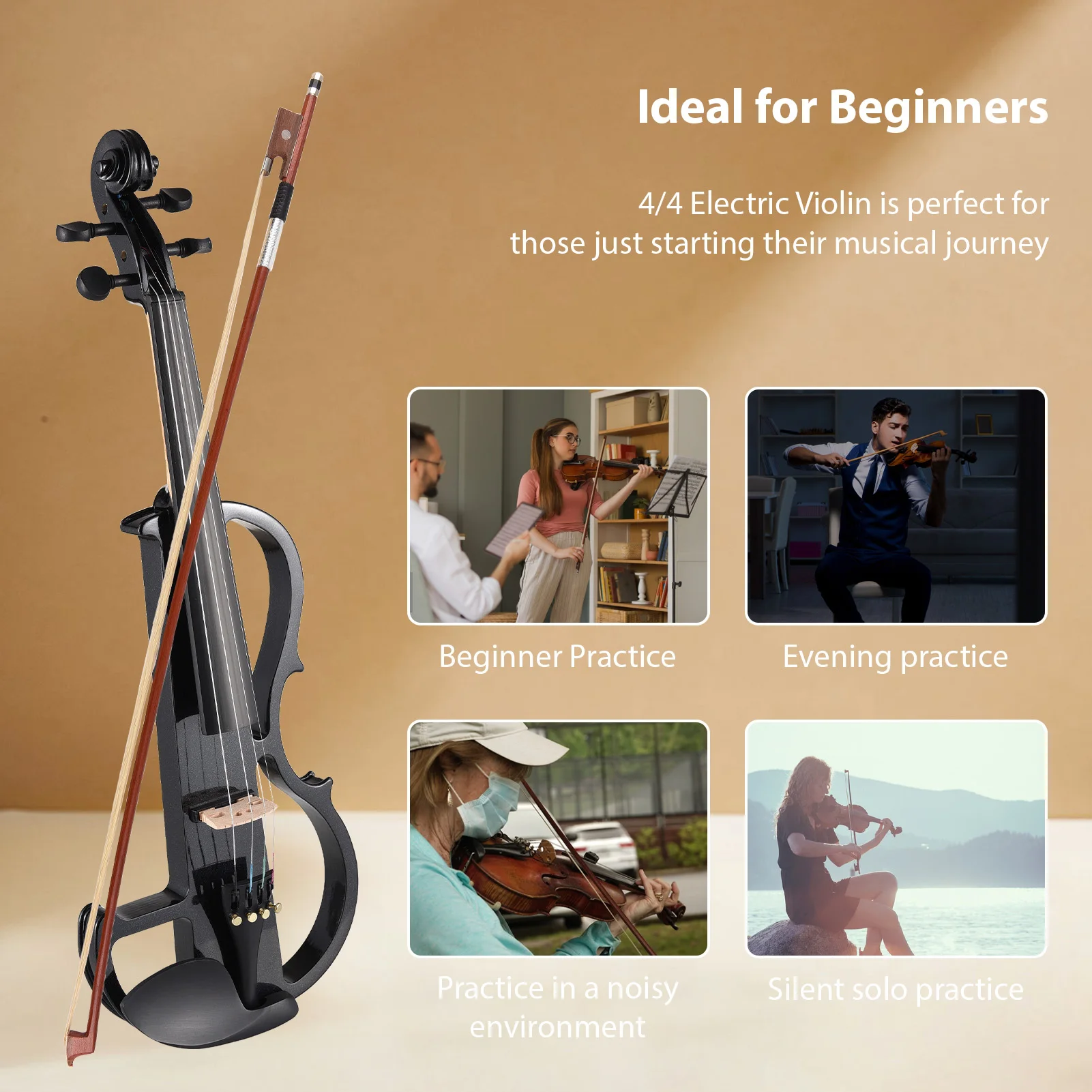 4/4 Violin Full Size Set Professional Silent Electric Violin for Beginners Students School Learners Electric Violin with Case