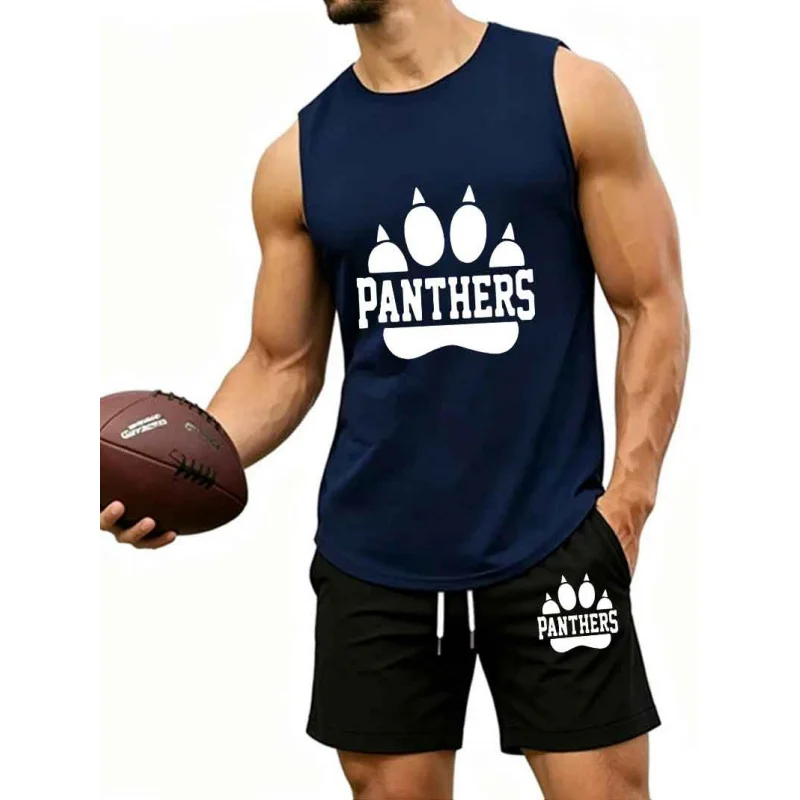 

Men's Panthers Paw Print Tank Top & Shorts Set, Casual 2-Piece Tracksuit, Summer Outfit, EU Size Available