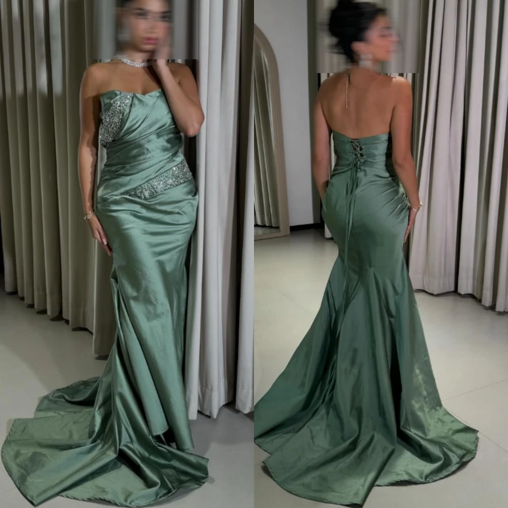 

Customized Classic Strapless Satin Evening Dress Exquisite Crystal Prom Dresses Temperament Sweep Train Special Occasion Gowns