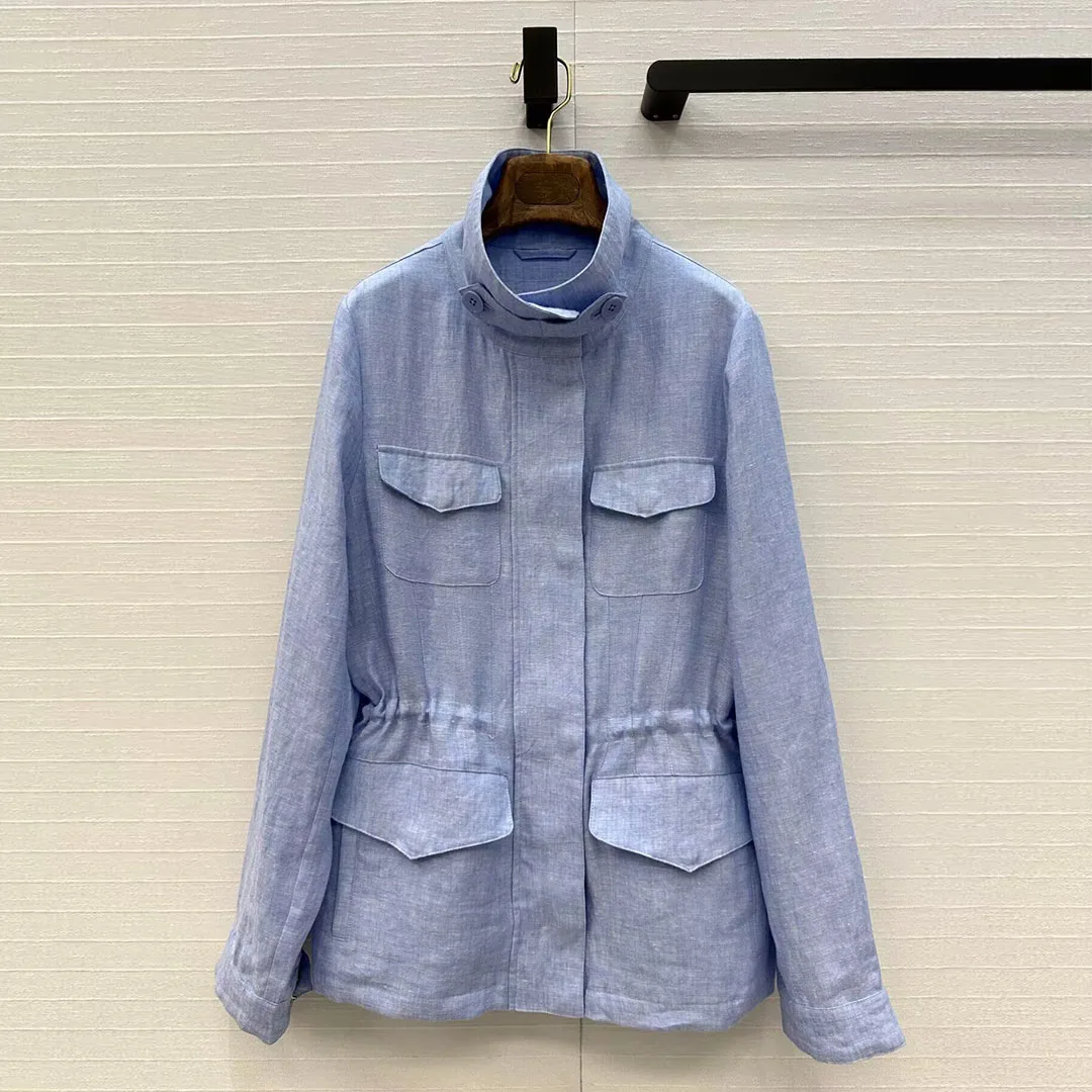 

2025 Новая осенняя высококачественная куртка из 100% льна с длинным рукавом на молнии и карманом на шнурке с тонкой талией, повседневное пальто в стиле Old Money