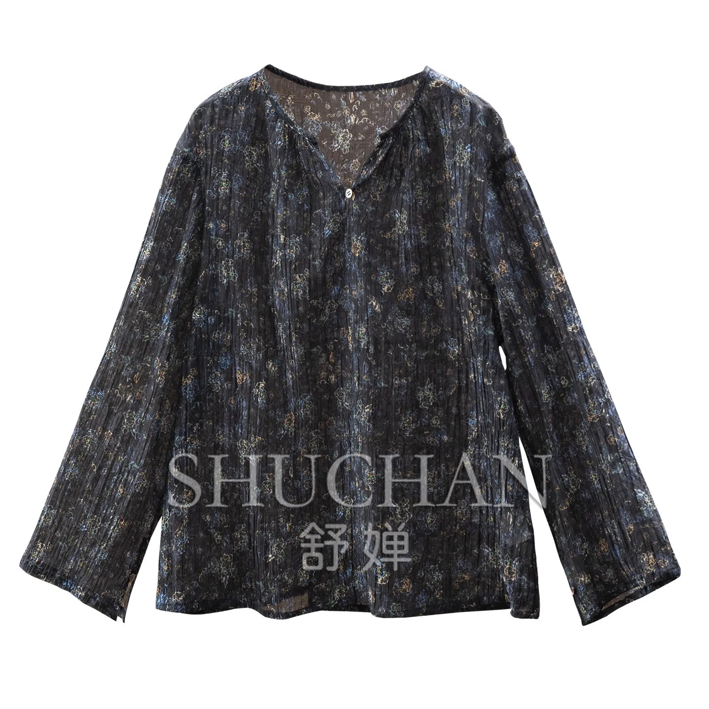 High-level Sense Natural Silk + Cotton Retro Pleated Texture Small Floral Shirt Women's 95L3  Blusas Mujer