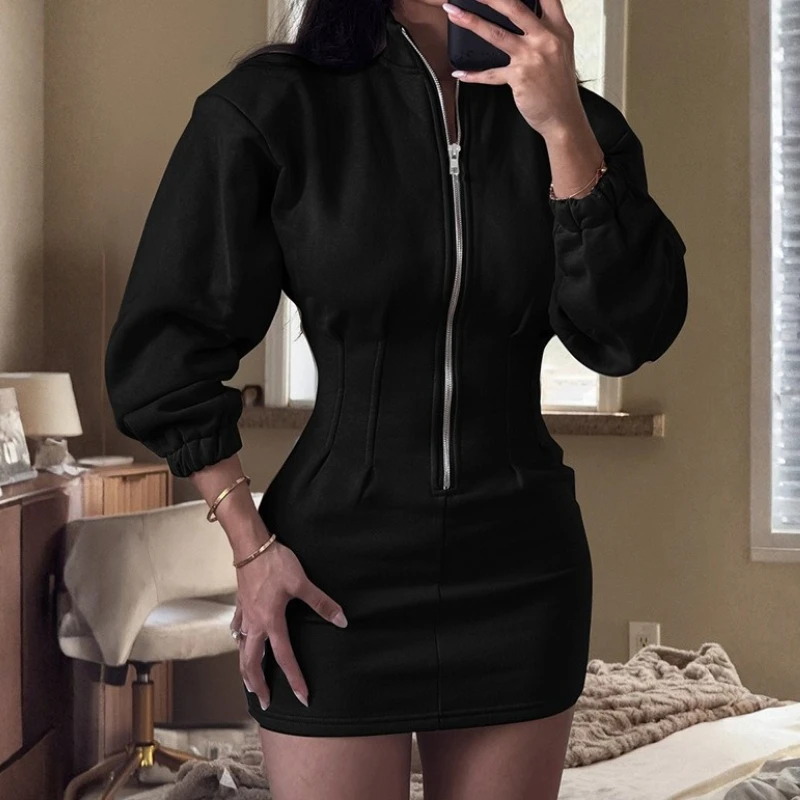Mode fermeture éclair manches longues col montant Mini sweat robe femmes 2025 automne hiver Sexy robes moulantes pour les femmes décontracté