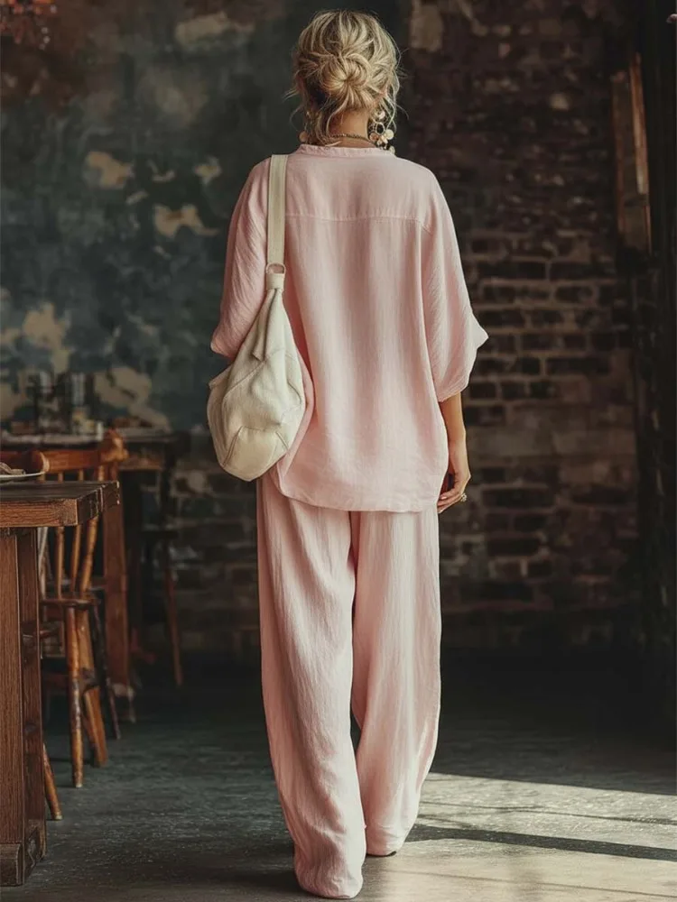 2026 Summer Fashion New Women's Set Commuting Style Loose V-neck Half Sleeve High Waist Wide Leg Pants Two Piece Set