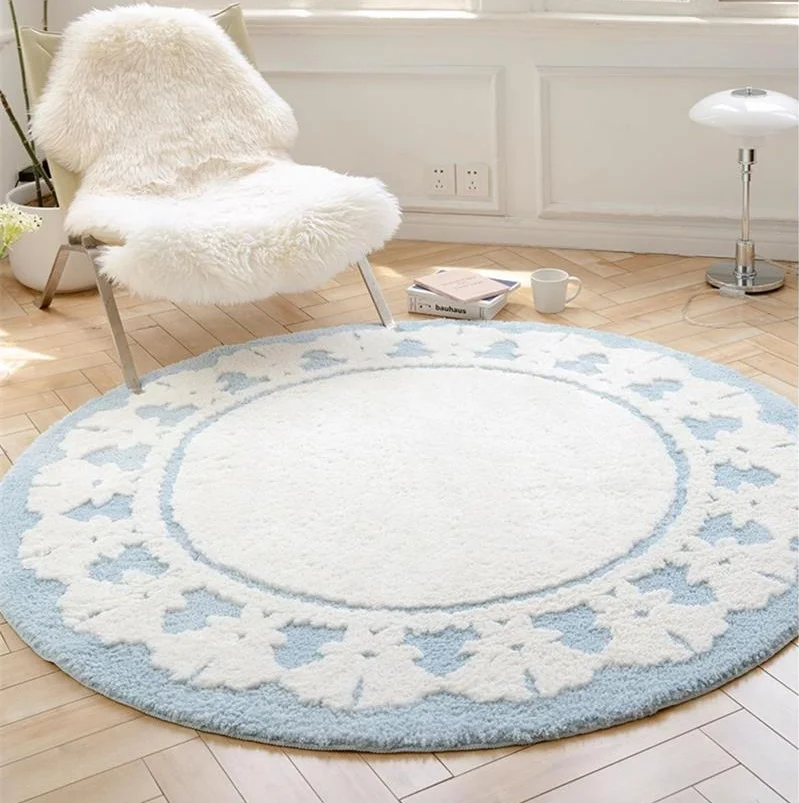 Blue French Cream Style Round Carpet For Living Room Home Soft Rug Kids Room Cloakroom Doormat Decor Computer Chair Floor Mat