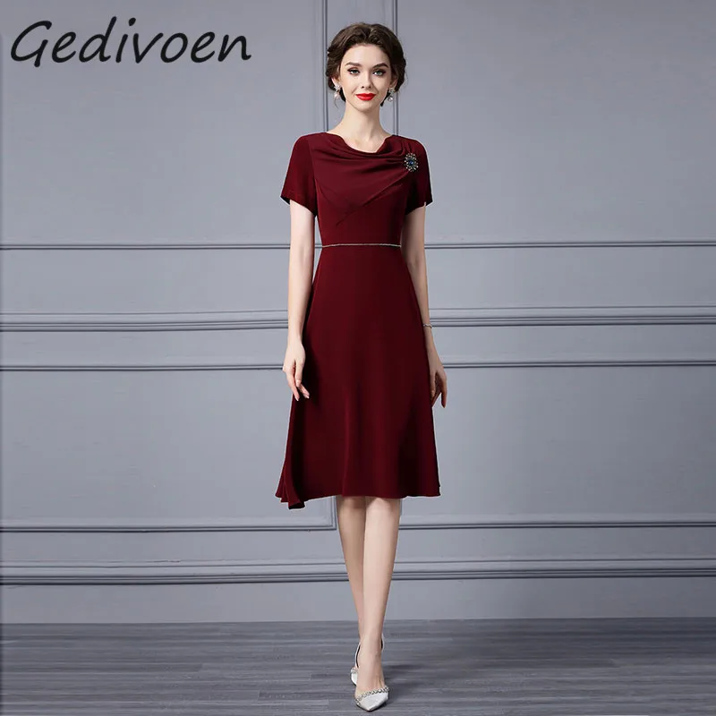 

Gedivoen Summer Fashion Runway Vintage Dress Women's Square Collar Ruched Brooch Beading Diamond Gathered Waist Sexy Midi Dress