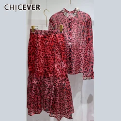 CHICEVER Patchwork Diamands Set For Women O Neck Long Sleeve Print Shirt High Waist Spliced Reched Maxi Skirt Suit Female Autumn