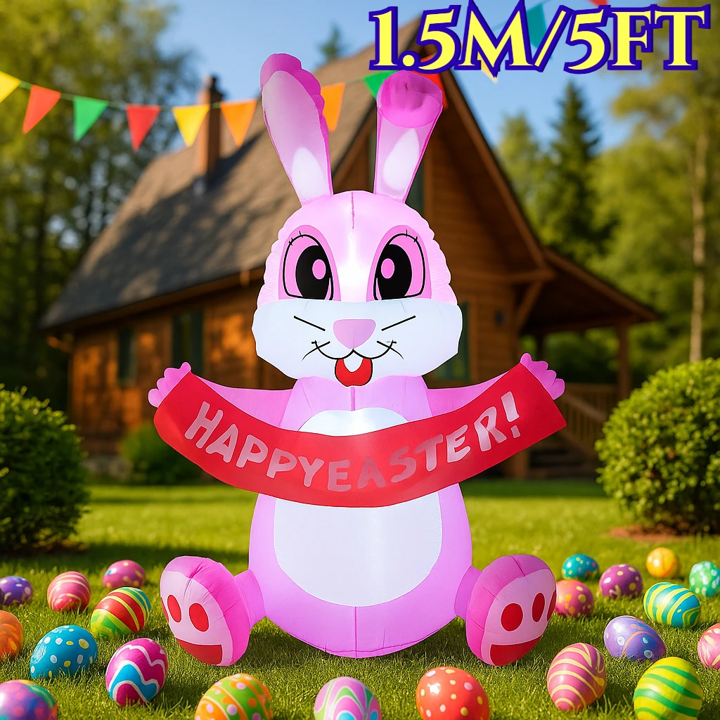 1.5M/5FT 부활절 야외 휴일 장식용 인플레이터블 핑크 토끼 배너 귀여운 토끼 모델 LED 라이트 홈 데코