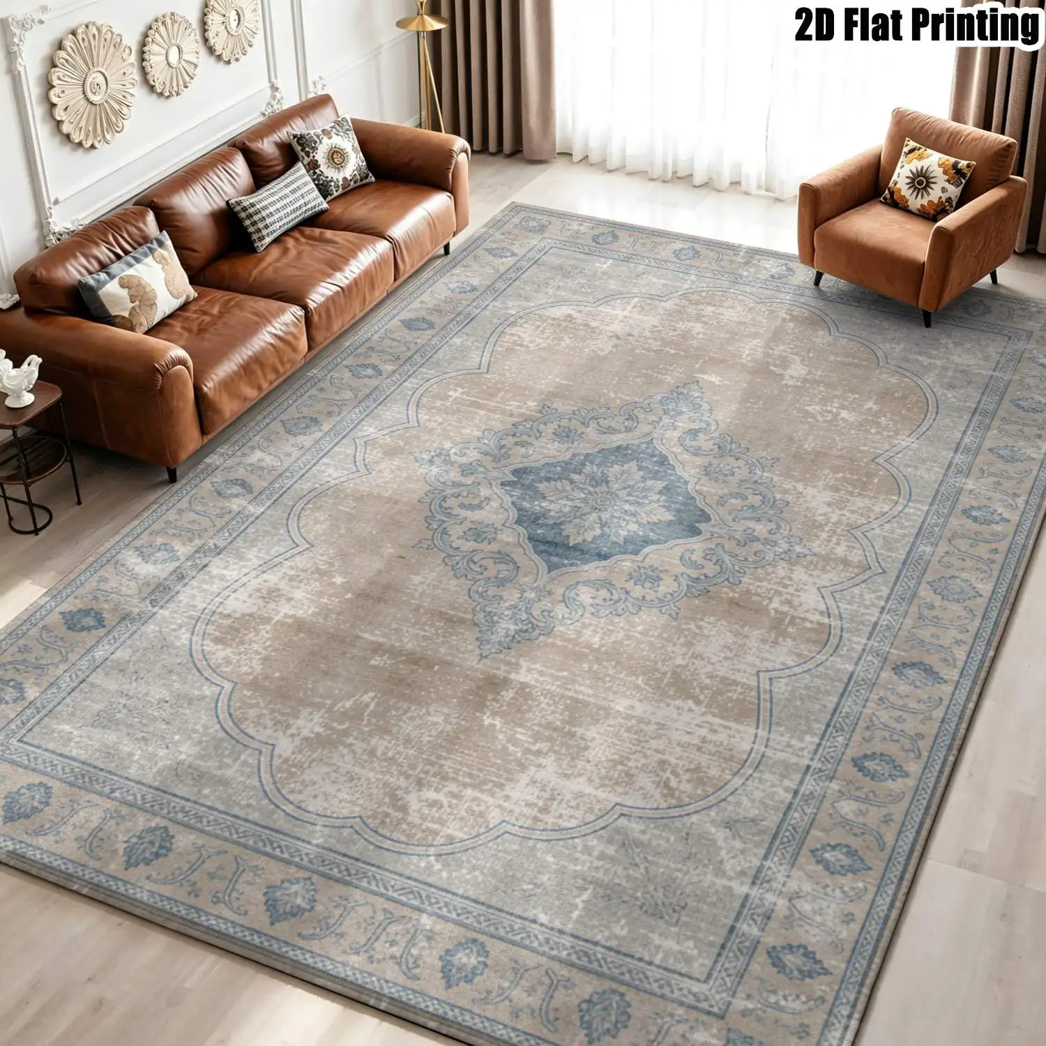 1Pc 2D Printed Retro Blue-Grey Floral Carpet, European Geometric Design, Machine Washable, Multi-Size Home Decor Rug for Entrance, Dining Room, Bedroom, Living Room