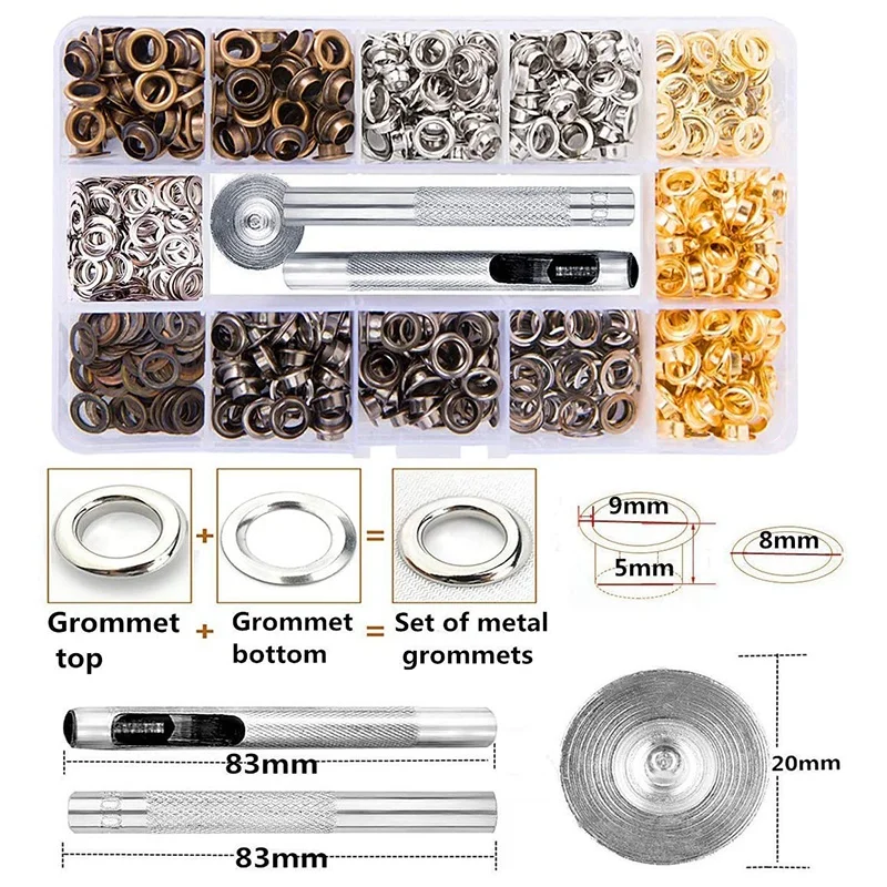 Grommets Kit 3/16Inch 400Pcs Eyelets Kits Eyelets Grommet Sets For Shoes Clothes Crafts Bag DIY Project (4 Colors)