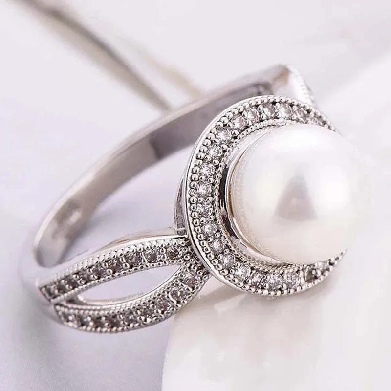 Trend Newly Romantic Elegant Big Round Imitation Pearl Women Ring Female Wedding Party Anniversary Birthday Gift Ring Jewelry
