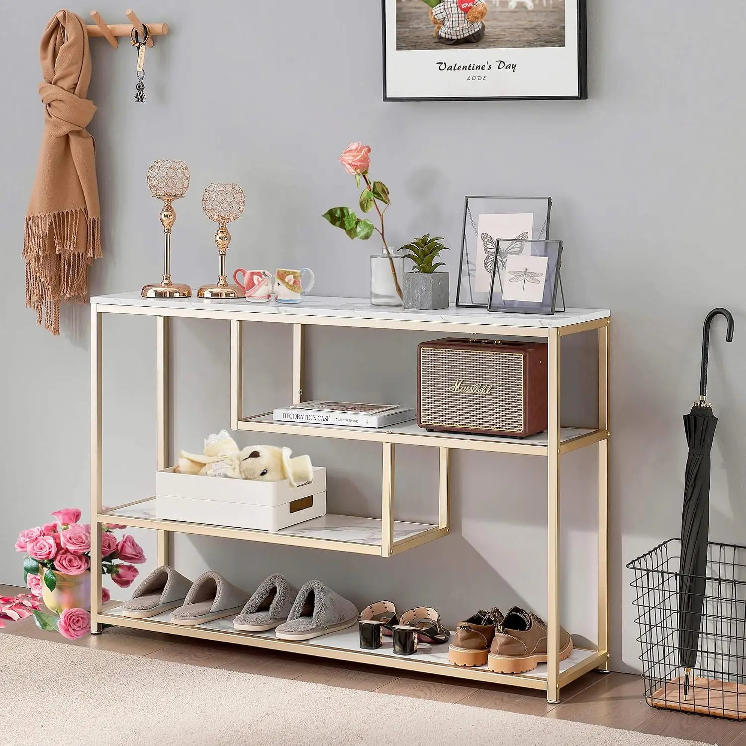 Modern 3-Tier Console Table with Storage Shelves for Living Room & Hallway Entrance, White & Gold, Customized