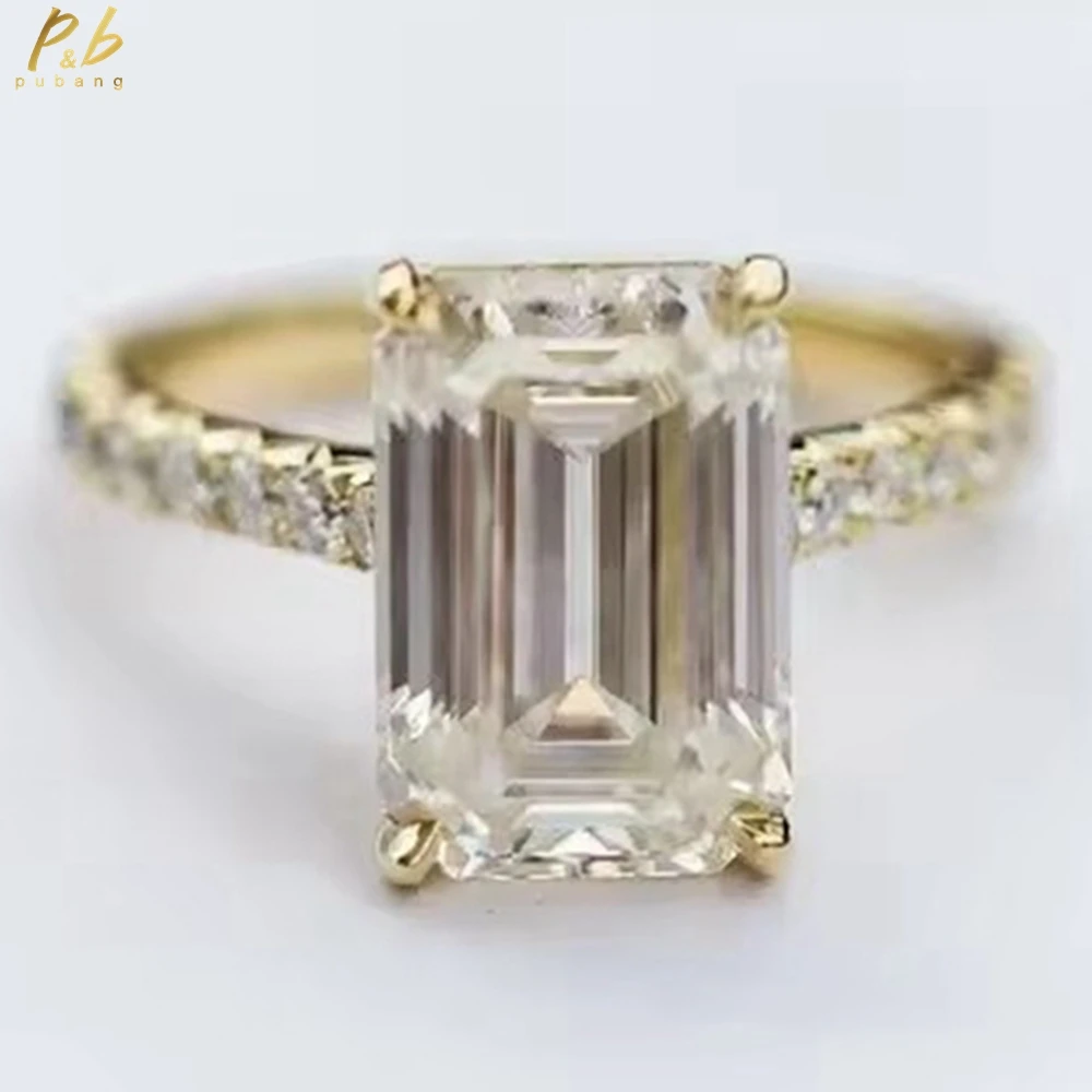 

PuBang 3EX VVS1 D Color 6 Carat Emerald Cut Moissanite Ring 2 mm Band Pavé Invisible Halo for Woman Wedding Party Fine Jewelry