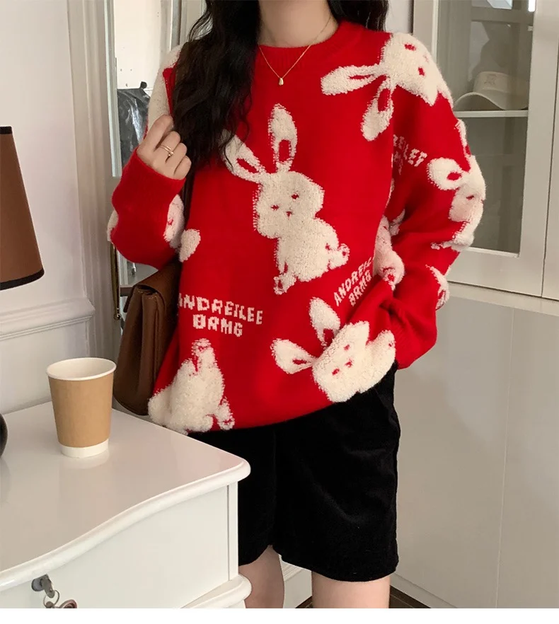 

Lucky Year Rabbit Large Size Knitted Sweater Fashionable Red Color Women's Winter Outerwear Couple's Comfortable Loose Fit
