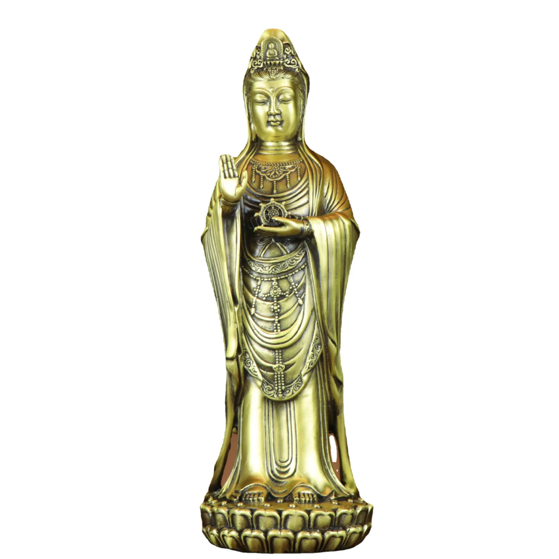 PYH Brass Guanyin Nanhai Guanyin Bodhisattva Buddha Statue Double Lotus Guanyin Buddha Statue Putuo