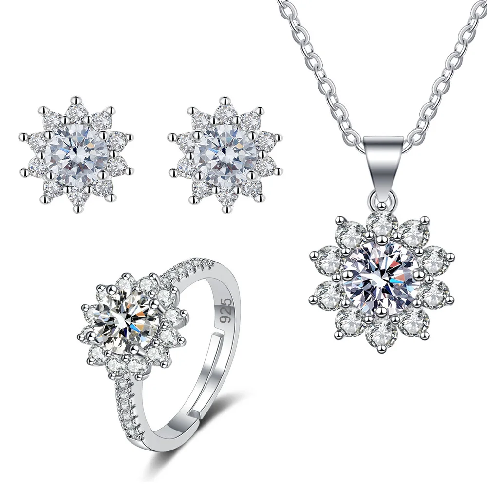 Women's 925 Sterling Silver Necklace Earring Ring Chain Set