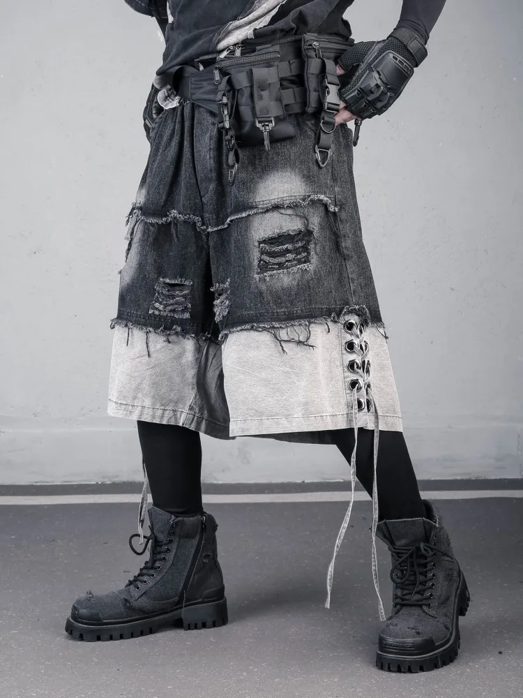 Harajuku Mens Summer Side Lace Up Spliced Denim Shorts Loose Fit Hole Ripped Fake Two Piece Shorts Cowboy Elastic Waist Shorts