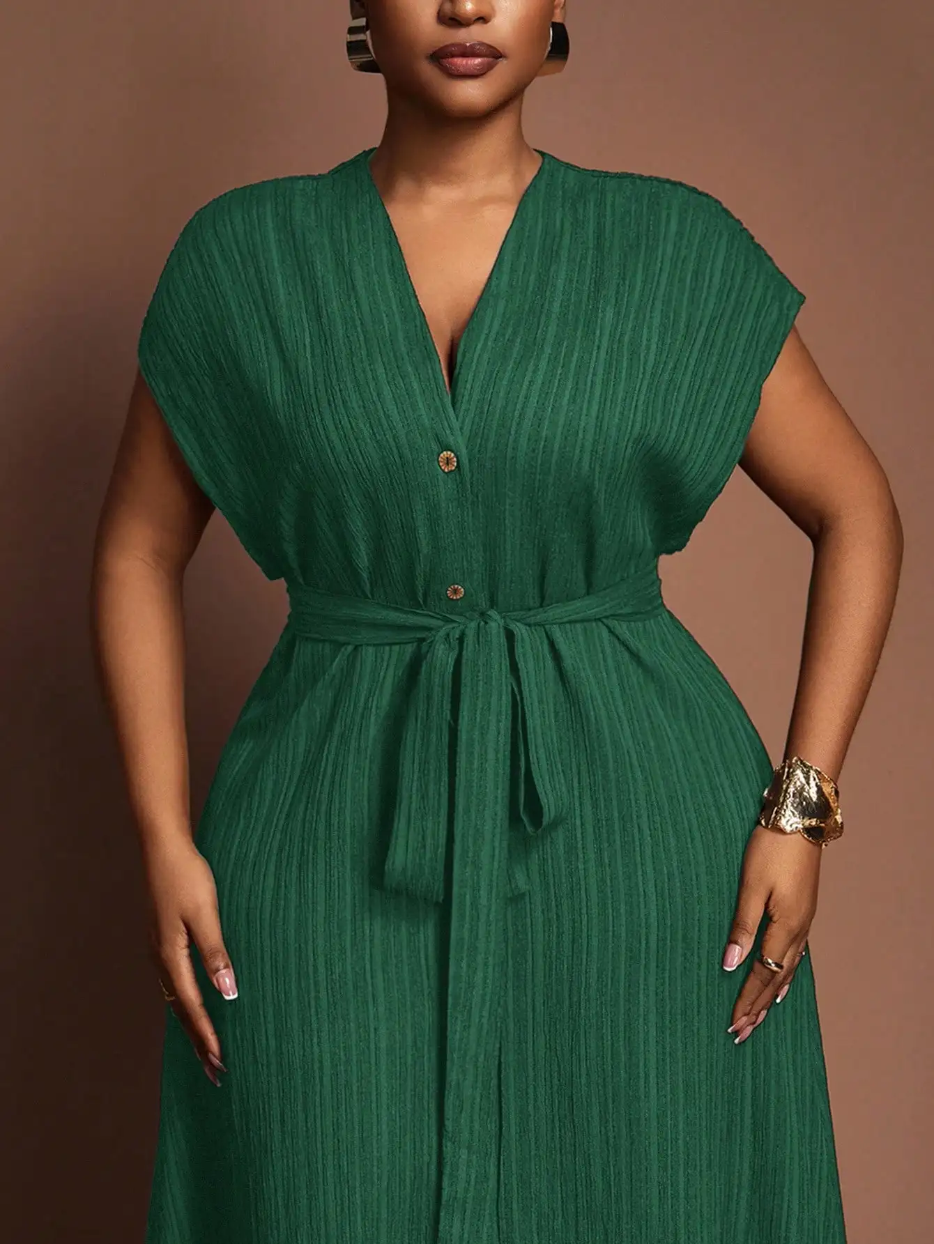 

Зеленое платье макси с V-образным вырезом, короткими рукавами, поясом и разрезом, повседневное элегантное платье для женщин