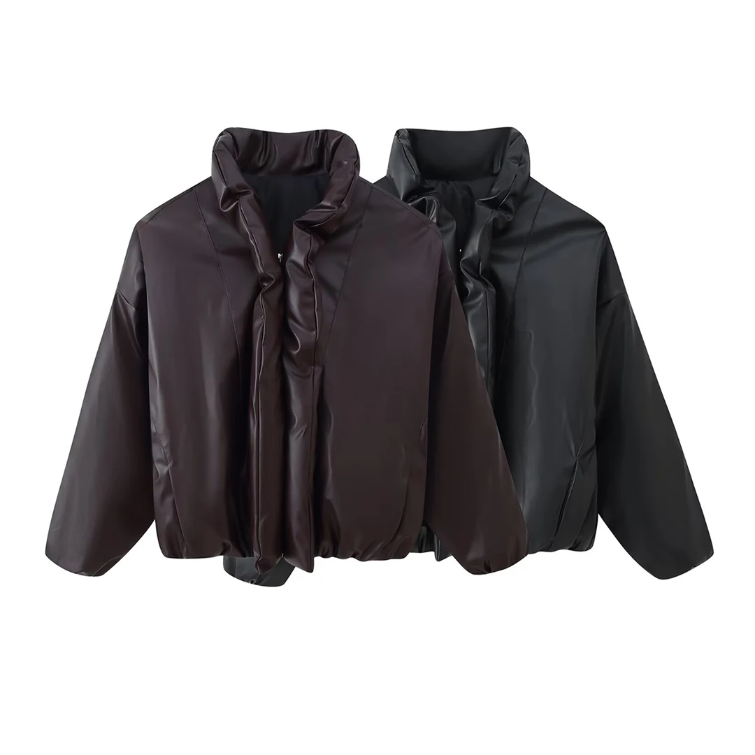 ملابس خارجية نسائية من KASLEAD New Street Sle مصنوعة من الجلد مع سحاب وياقة ثابتة وثنائية اللون قابلة للتنفس وبسيطة