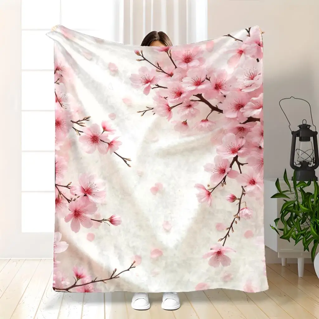 Cherry Blossom Blanket Pink Sakura Flowers On White Background Soft Fleece Throw Cozy Home Decor Gift For Spring And Japan Fans