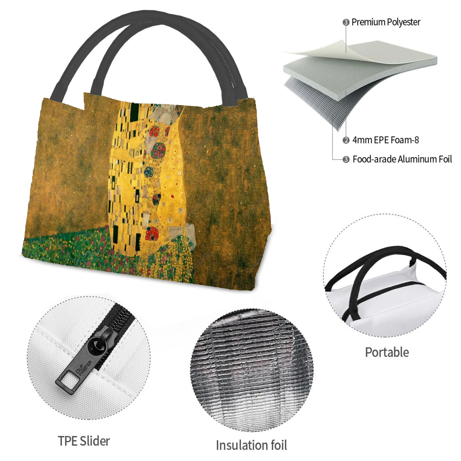 Gustav Klimt Oil Painting Portable Aluminum Foil Thickened Insulated Insulated Lunch Bag Waterproof Insulated Lunch Tote Bag