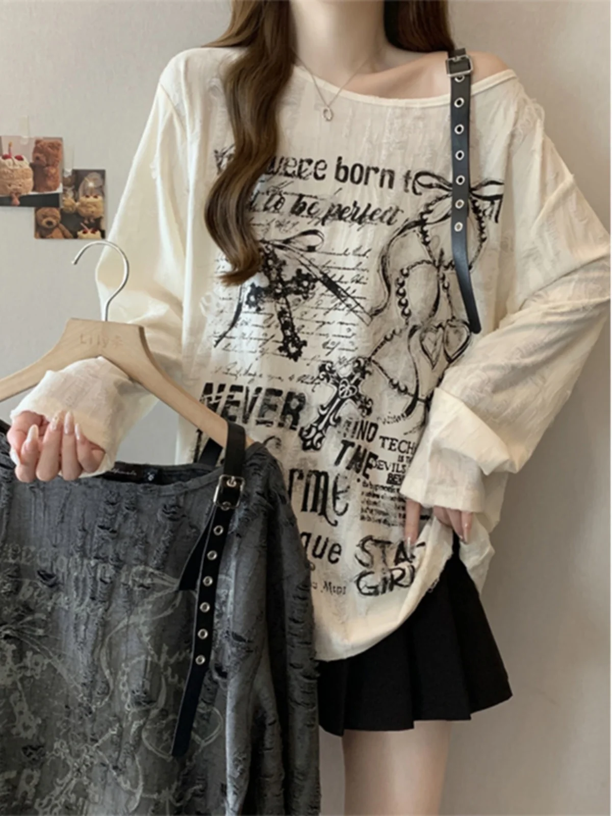 2024 New Style Women's Knitted Off-Shoulder Top Spring Autumn Loose Slimming T-Shirt Sexy Hole Punching Commute Style Long Sl...