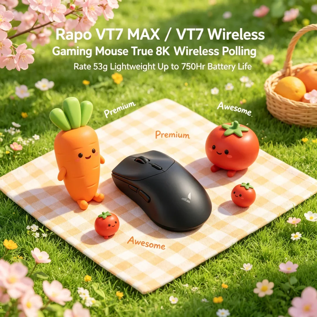 Luxuriant Rapoo VT7 MAX /VT7 Wireless Esports Mouse True 8K Wireless Polling Rate 53g Ultralight Up to 750Hr Sustained Battery