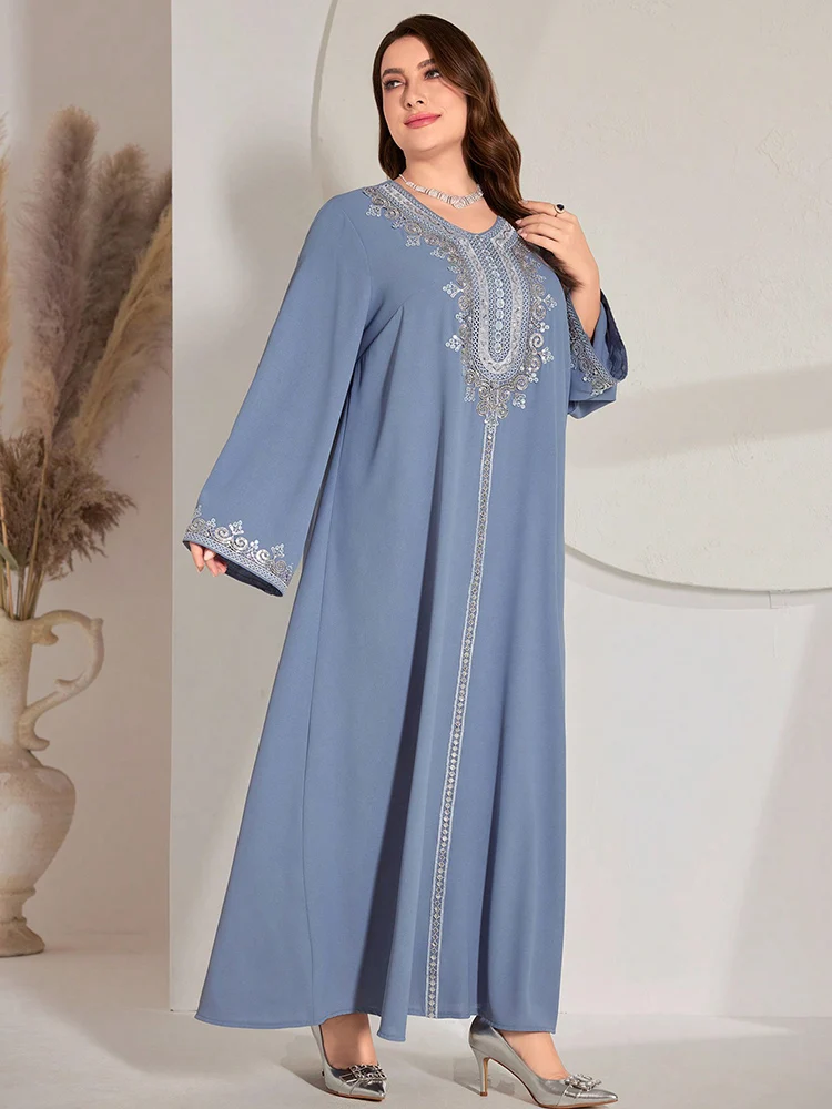 TOLEEN 2024 Neue Plus Größe Frauen Luxus Elegante Pailletten Bestickt V-ausschnitt Langarm Lose Gerade Arabischen Modest Maxi Kleid