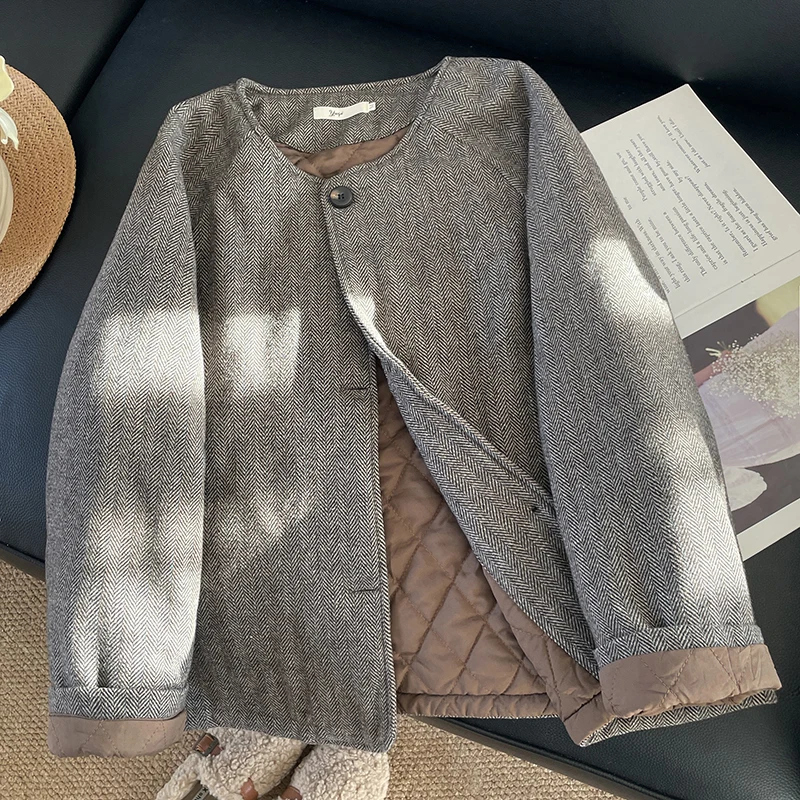 

Ретро-куртка с круглым вырезом из хлопка, женская, свободного кроя, повседневная, короткая, зимняя, новинка, удобная, дышащая, верхняя одежда