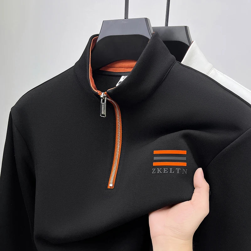 Brand Men's Long-Sleeved T-Shirt Stand Collar Fleece-Lined Thickened Half-Zip Exquisite Embroidery New Winter Leisure Men's Tops