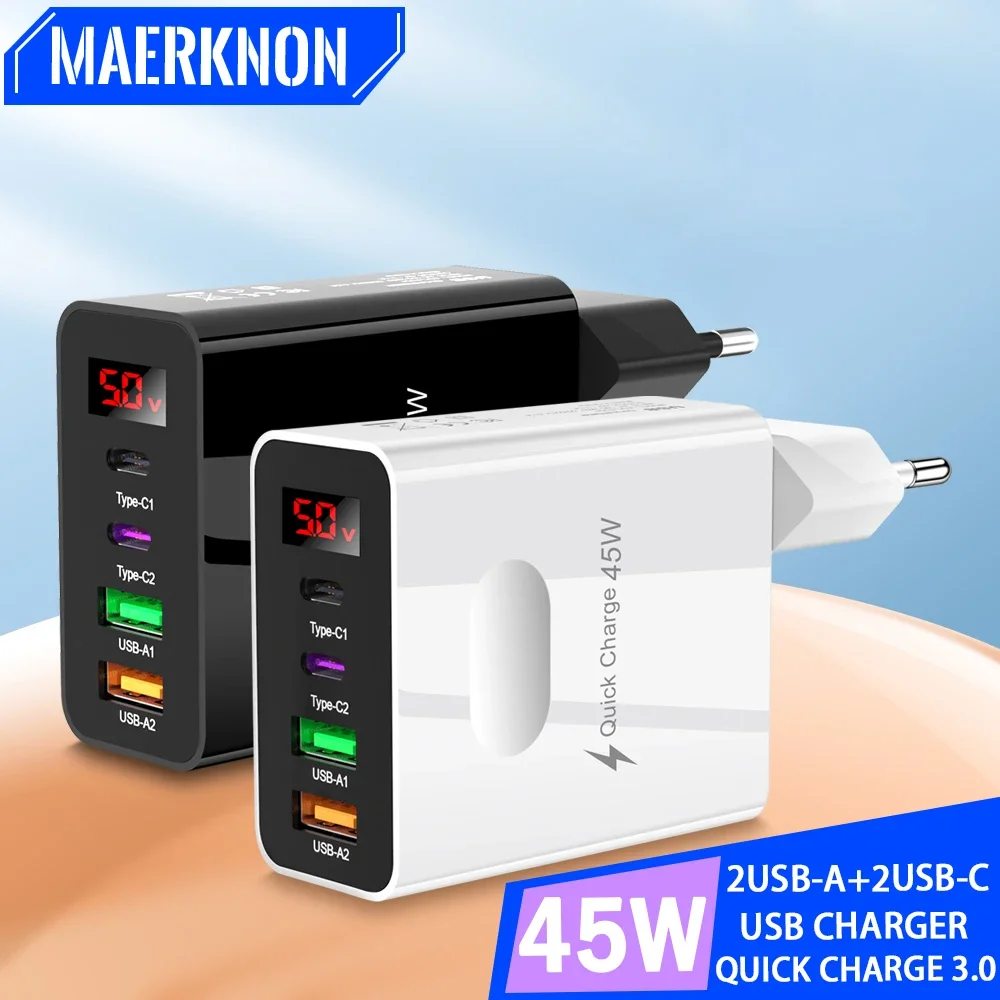 45W PD Charger Quick Charge LED Display USB Type C Fast Charging Wall Charger For iPhone 15 Xiaomi Samsung Phone Charger Adapter