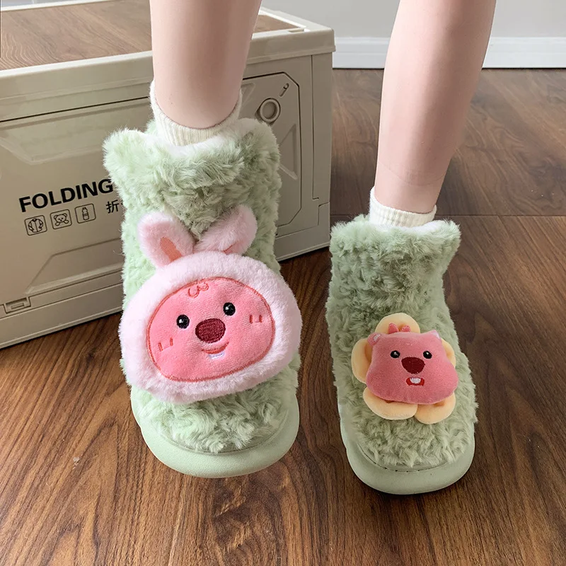 MINISO Loopy Kaway Women's Autumn and Winter Velvet Thickening 2024 New Warm Lamb Wool Home Cotton Slippers Snow Boots