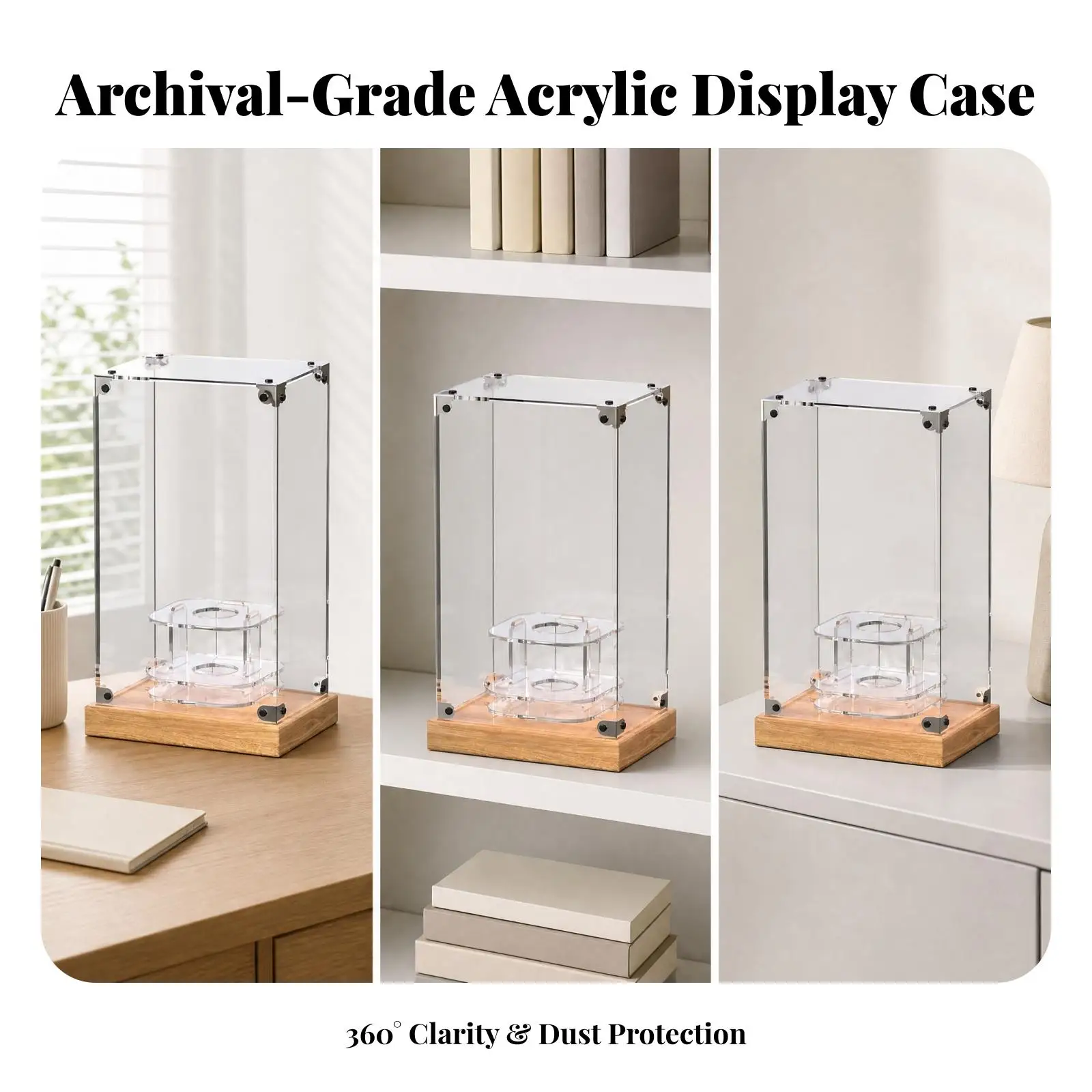 Light Display Box Dustproof Clear Acrylic Showcase with Wood-Look Base Transparent for Fan Merchandise Collectors, Idol Group