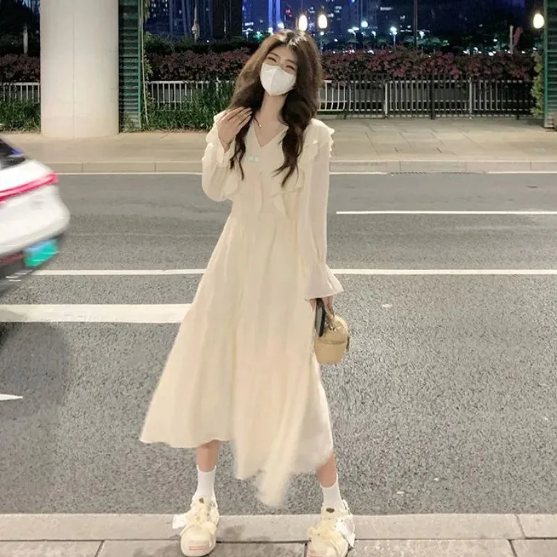 Flare Sleeve Dresses Women Spring Sweet Girls V-neck Ruffles Solid Simple Designed Korean Style Fairycore High Waist A-line Cozy