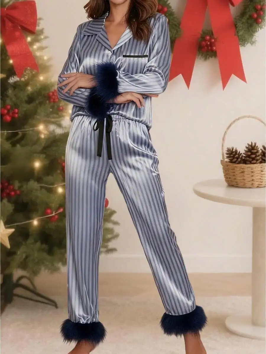Women Striped Satin Pajama Set Long Sleeve Lapel Top Wide Leg Pants Sleepwear