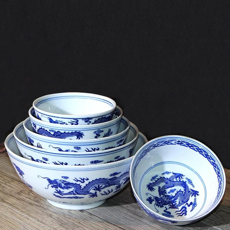 4/4.5/5/6/7inch Jingdezhen Blue and White Porcelain Ceramic Rice Bowl Dragon Ramen Bowl Underglaze Tableware Kitchen Accessories