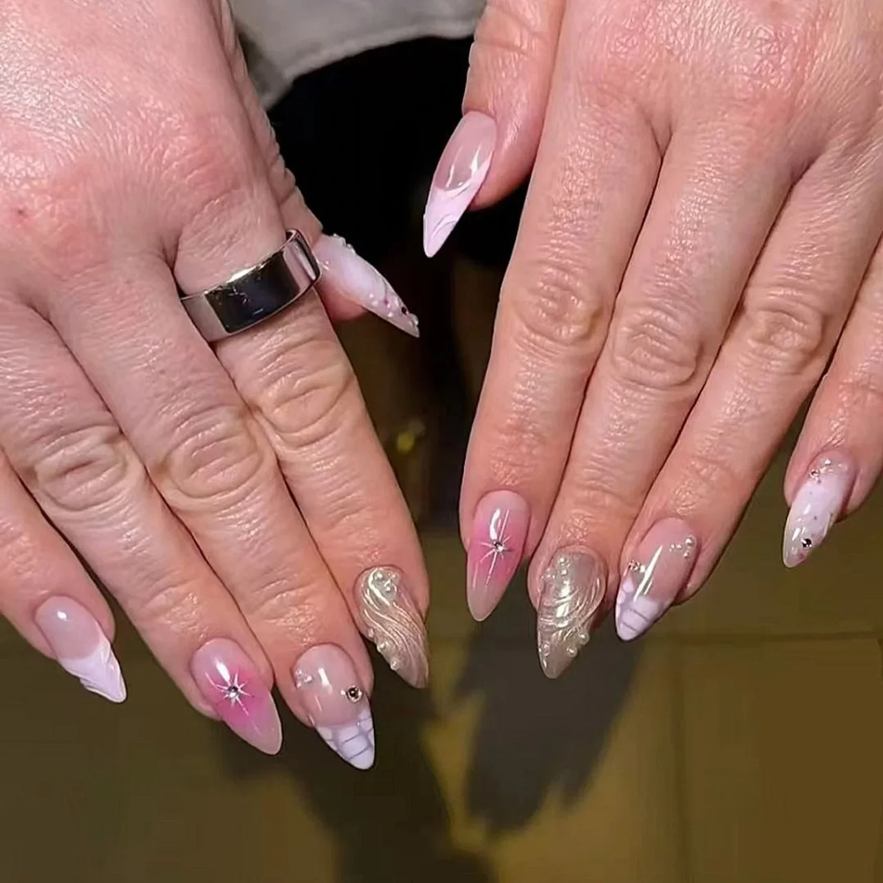 

24PCS 3D Flower Ripples Almond Press on Nails Pink Blush Gradient French Sweet Fake Nail Art for Women Acrylic Wearable Manicure