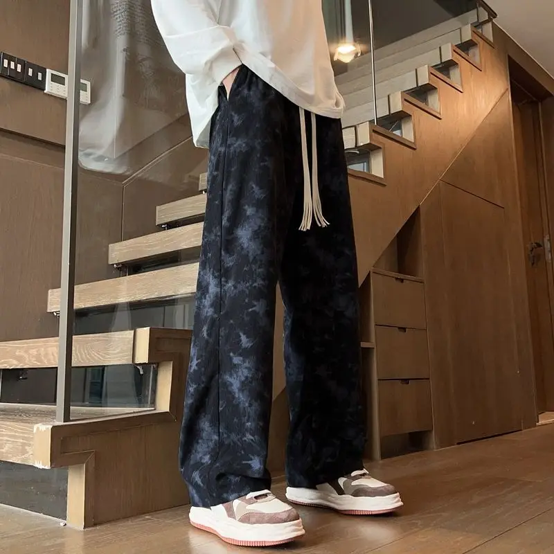 Corduroy Tie-dye Irregular Pants for Men American Loose Casual Sports Wide-leg Trousers