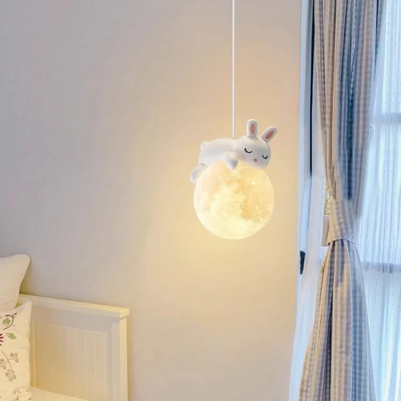 

Modern white Rabbit Bear moon animals led Chandelier bedroom bedside small pendant lights Dining room children's room home decor