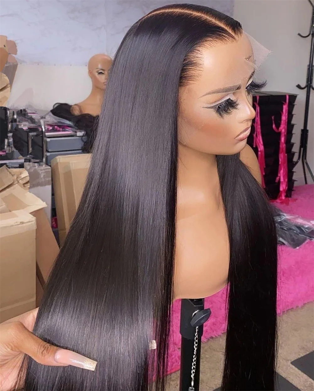 Preplucked Soft 26Inch Long Straight Natural Black 180Density Natural Hairline Deep Lace Front Wig For Black Women Baby Hair