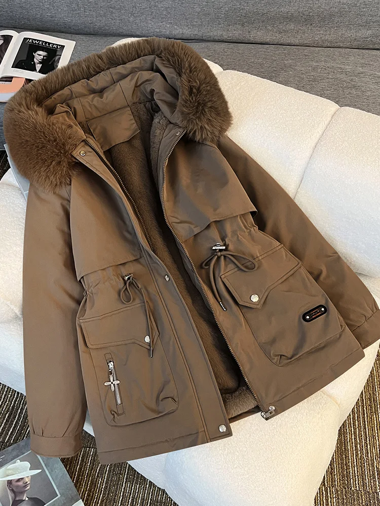 Women Fur Inside Mid-long Parkas 2024 Casual Warm Fur Collar Hooded Windproof Parkas Coat With Belt Female Outwear Winter Jacket