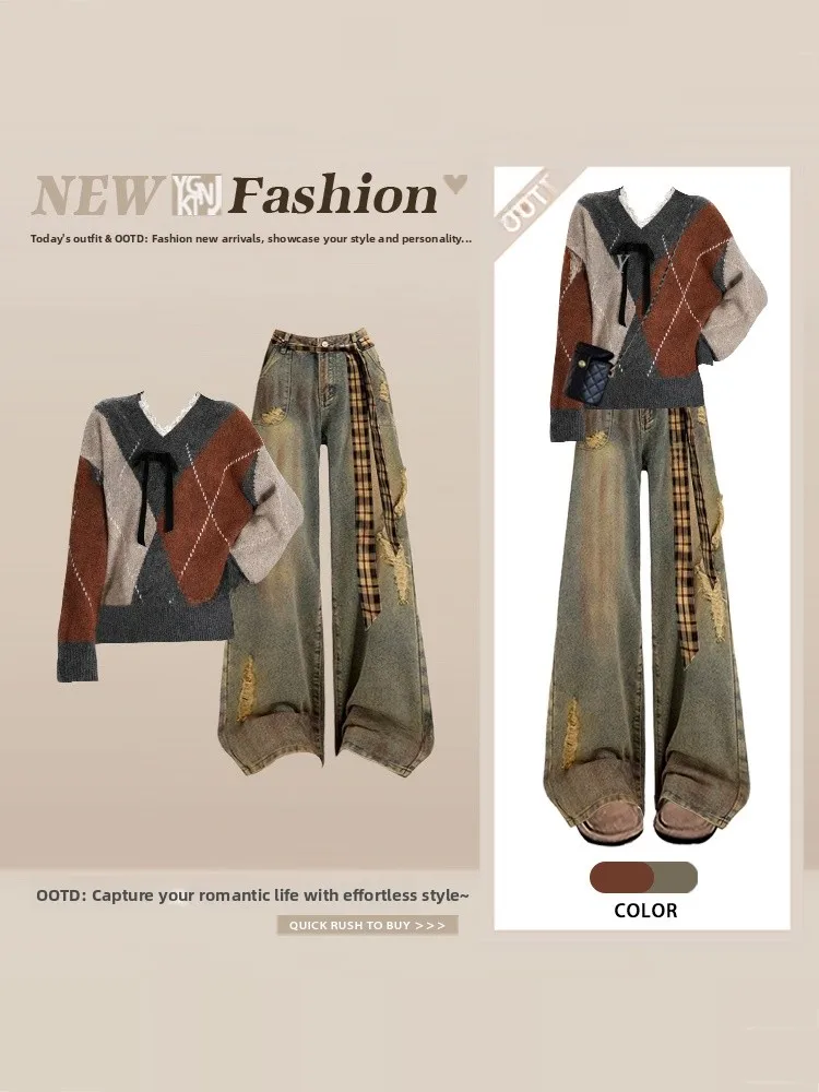 

Retro Knitted Sweater And Jeans Set with Knot Design Worn And Torn Denim Loose Fit Long Sve Winter Faion for W...