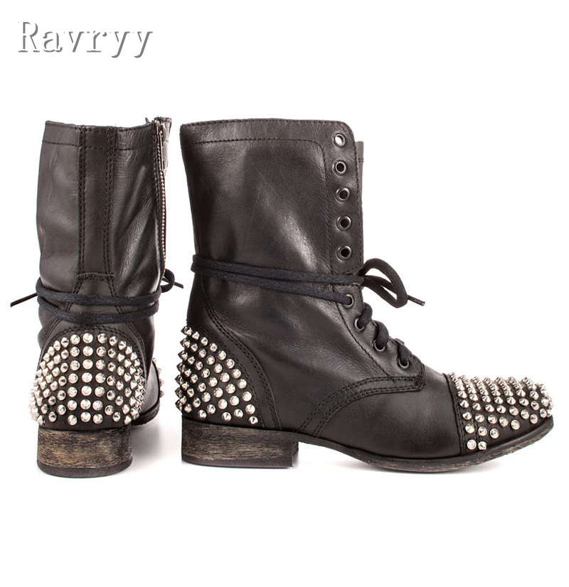 Women Black Punk Rivet Ankle Boots Silver Studs Decor Front Lace Up Block Low Heel Side Zipper Gothic Rock Style Short Booties
