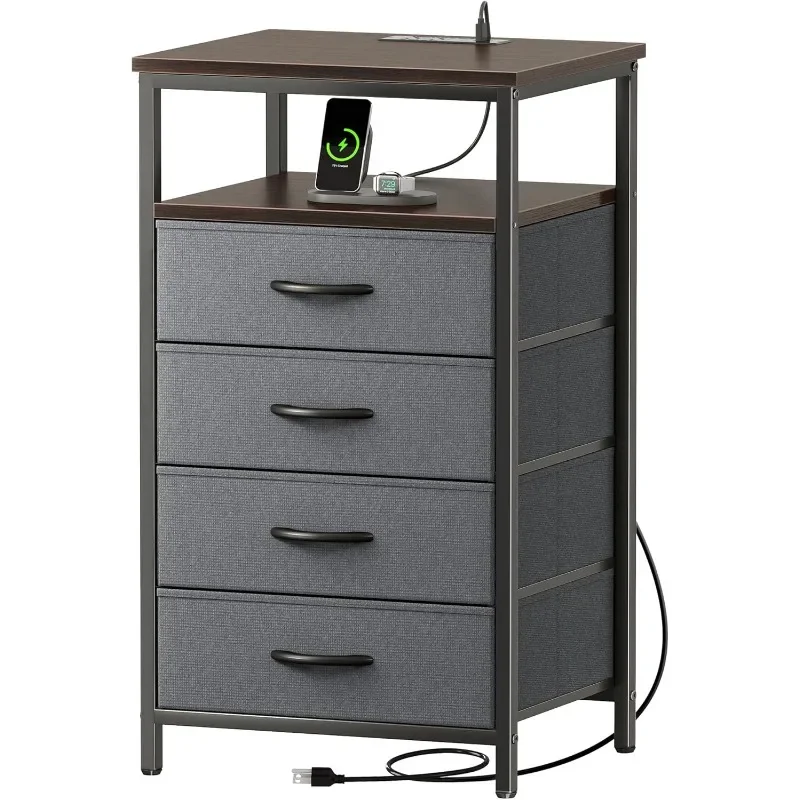 

Night Stand with Charging Station, 4 Drawer Dresser for Bedroom, Bedside Table, 33.9 Inch Tall Nightstand with Open Shelf