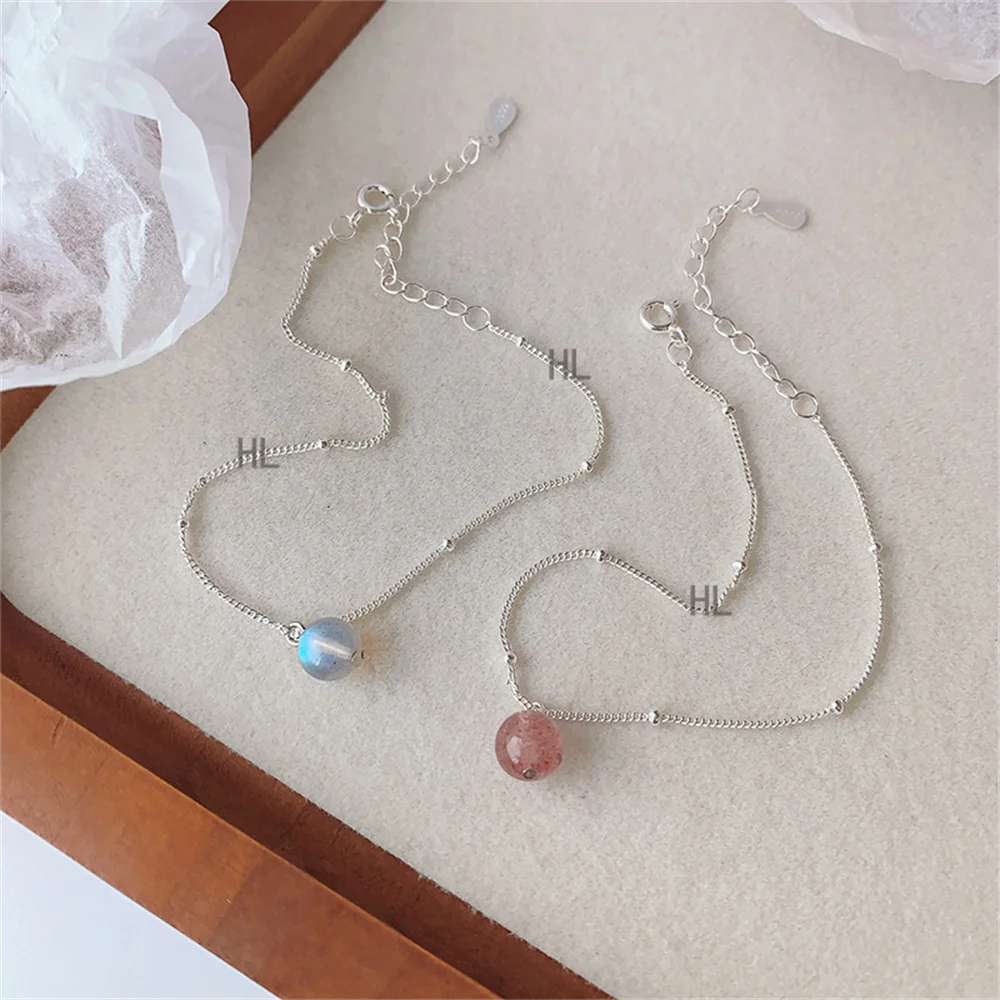 

Корейский женский браслет с кристаллами, серебро S999, клубничный кварц и лунный камень, студенческие роскошные ретро-ювелирные изделия