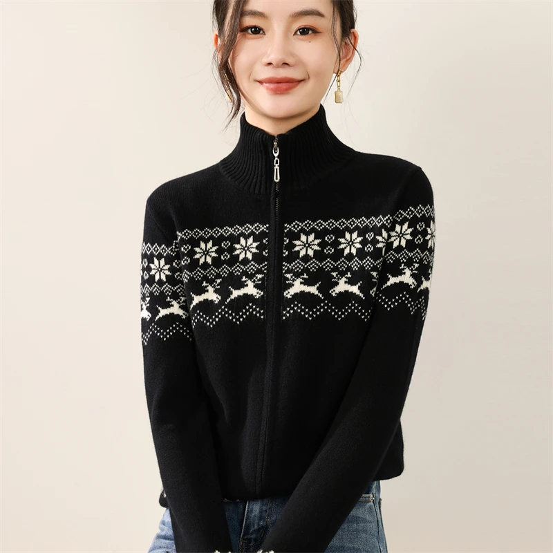 

Festival Christmas Clothes Women's Sweater Autumn Winter Coat 100% Merino Wool Sweater Cardigan Elk Design Casual Warm Knitted