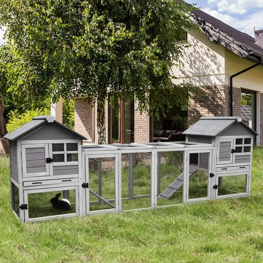 

103.2" L Rabbit Hutch Indoor Outdoor Bunny Cage with Run, Guinea Pig House Pull Out Upper Tray (103.2" L x 25.2" W x 36.2" H)