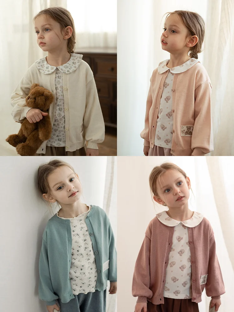 

Girl's Cute Little Bear Printed Cardigan Sweater Spring Cute Solid Color Coat