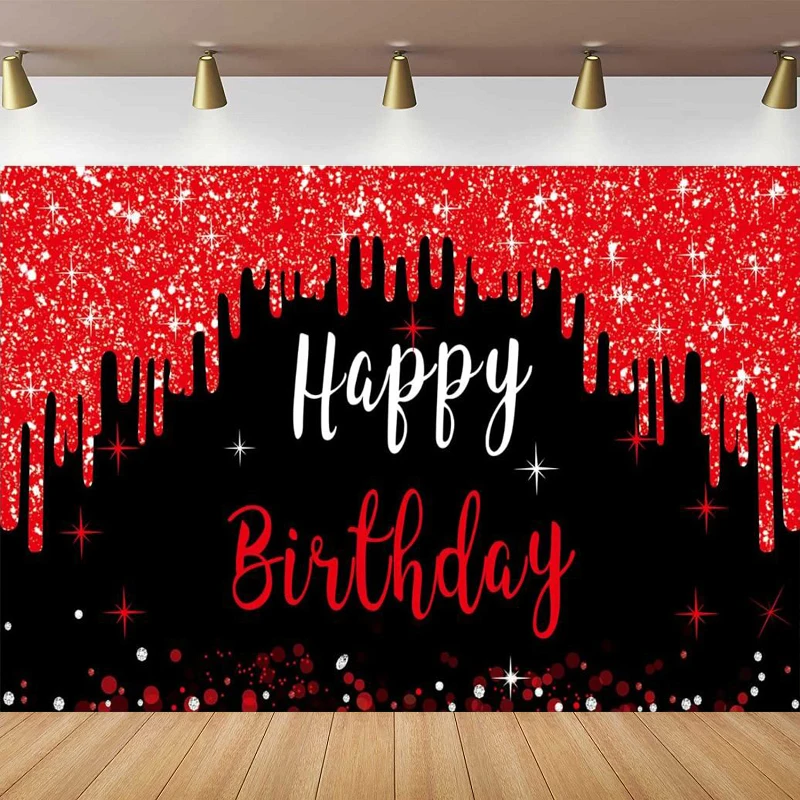 Photography Backdrop Red And Black Happy Birthday Banner Decoration For Women Girls Red Black Background Sign Party Supplies