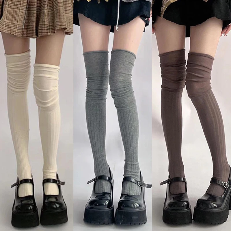 Chaussettes hautes à rayures verticales pour femmes, bas en coton Lolita, chaussettes au-dessus du genou, patchwork, monochromatique, mode Y2K