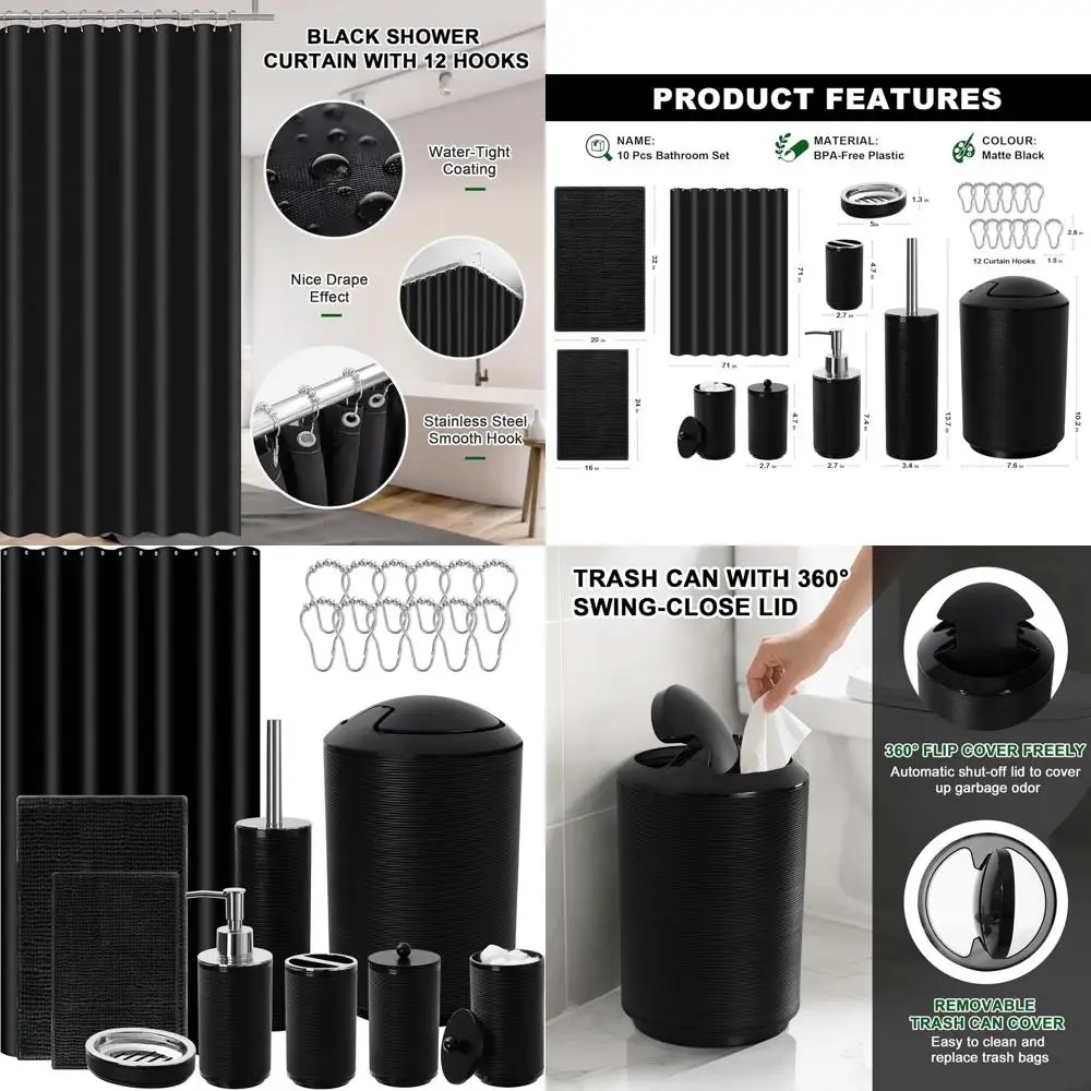 

Complete 22-Piece Black Bathroom Accessory Set with Shower Curtain, Rugs, Trash Can, Soap Dispenser, Toothbrush Holder, and Toil